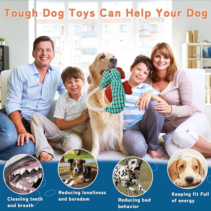 Crinkle Dog Toys Squeaky Plush No Stuffing Cute Puppy Stuffless Tough Rop Pull Toy, Fun Dog Stuffed Animals Durable Chew Set for Small Medium Large Pup (Large, Green Seahorse)