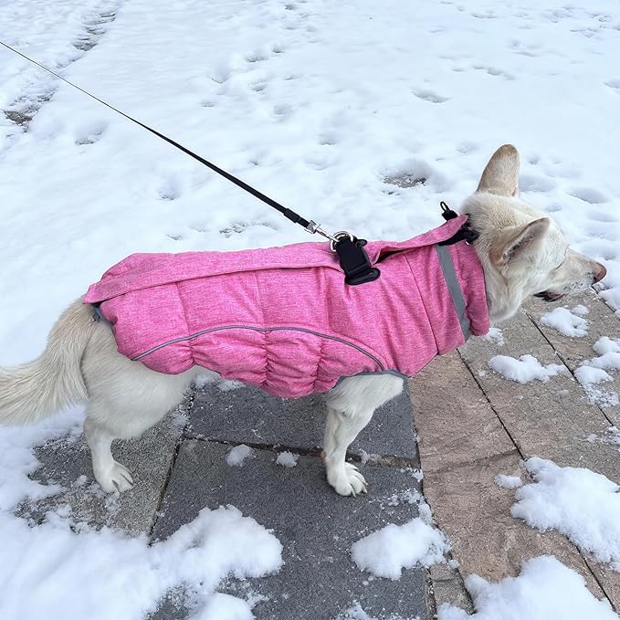 Malier Dog Coat, Reflective Dog Jacket Waterproof Windproof Puppy Cold Weather Coats with Harness Built in, Winter Extra Warm Pet Coat Fleece Vest for Small Large Pets and Puppy (Pink, Small)