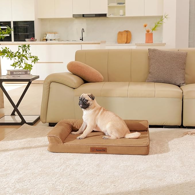 Orthopedic Dog Bed Medium Size Dog, Memory Foam Pet Bed for Small and Medium Dogs, Removable and Washable Microsuede Cover, TPU Waterproof Liner, Nonskid Bottom, 30x20x6 Inches, Khaki