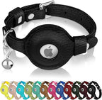 OOPSDOGGY Cat Collar for AirTag Holder, Leather Kitten Collars with Elastic Strap & Bell, Non Breakaway Adjustable Small Pet Collars for Indoor & Outdoor for Boy, Girl (Black)