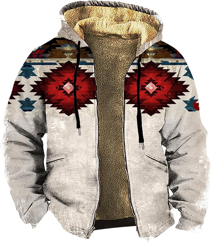 Men's Zip Up Jackets Western Style Ethnic Hoodie Hooded Vintage Long Sleeve Warm Coat Winter Outfits