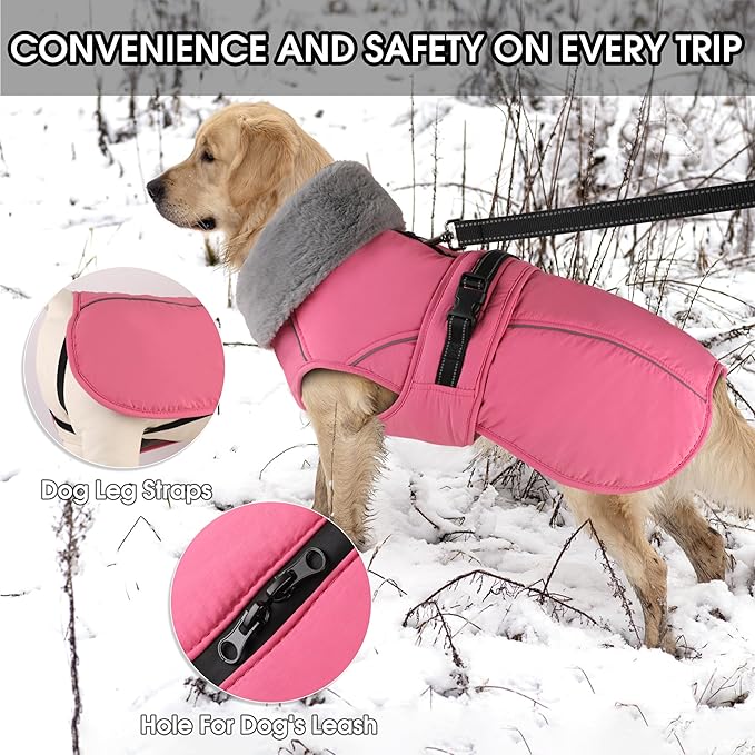 PETDSH Dog Coat Large, Windproof Dog Jacket with Warm Fleece Lining, Thickened Collar Dogs Winter Coat, Adjustable Reflective Pet Coats for Cold Weather (Pink, X-Large)