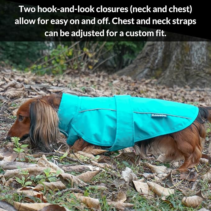DJANGO Dog Jacket & Raincoat – Lightweight Water-Resistant Coat for Small, Medium & Long Dogs Like Dachshunds – Reflective, Adjustable Fit, Harness-Compatible & Easy-Access Harness Hole - Blue, Medium