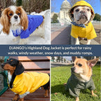 DJANGO Highland Dog Jacket & Raincoat – Water-Repellent, Lined Dog Coat with Hood, Adjustable Fit & Harness Hole – Lightweight Rain & Wind Jacket for Small & Medium Dogs up to 30 lbs (Blue, Medium)