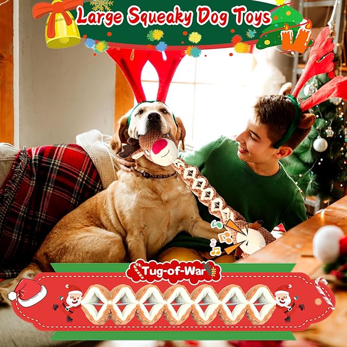 Christmas Dog Toys for Large Dogs：Squeaky Tug of War Interactive Dog Toys with Crinkled Paper-Plush Puppy Toys Keep Them Busy