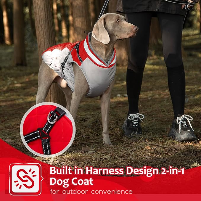 Dog Winter Coat with Harness, Dog Jacket, Pet Clothes with Zipper on Back, Waterproof Windproof Warm Vest, Reflective Cold Weather Coats, for Small Medium Large Dogs, Thick, Red, L