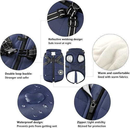 Aiboria Dog Jackets for Winter Windproof Waterproof 2 in 1 Outfit Cold Weather Coat Dog Vest Harness Puppy Winter Warm Jacket Large Blue 3XL