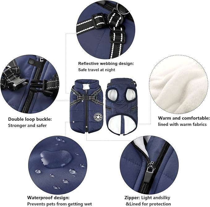 Aiboria Dog Jackets for Winter Windproof Waterproof 2 in 1 Outfit Cold Weather Coat Dog Vest Harness Puppy Winter Warm Jacket Small Blue L