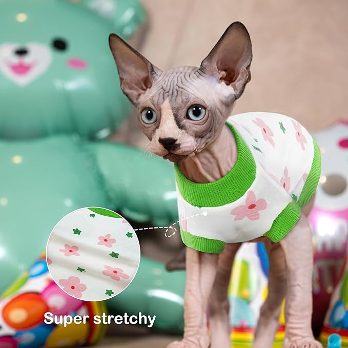 PUMYPOREITY Sphynx Cat Clothes: Stretchy Sweater, Soft Hairless Shirt, Pullover Pajamas, Turtleneck for Sphynx Cornish Rex, Devon Rex - Green, M