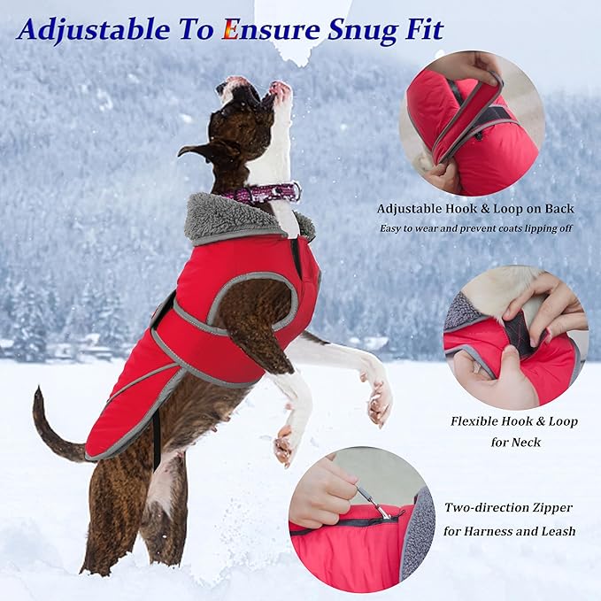 Dogcheer Dog Coat, Waterproof Dog Jacket Reflective Pet Winter Coat with Adjustable Hook & Loop, Christmas Puppy Fleece Jacket Warm Turtleneck Snowsuit for Small Medium Large Dogs - Red, 2XL