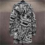 Mens Aztec Print Hoodie Heavyweight Cotton Fleece Jacket Zip Up Warm Long Sleeve Hooded Winter Midi Coat