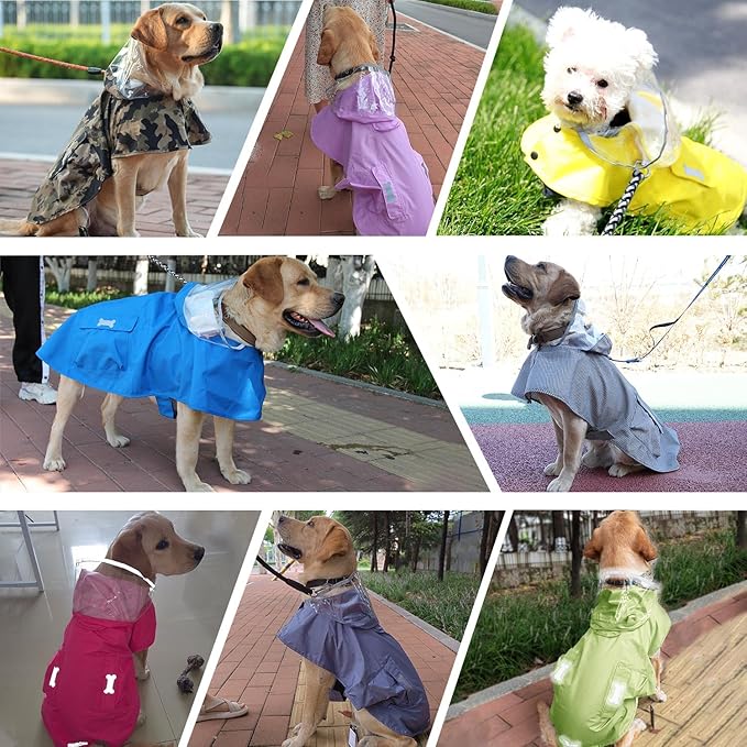 Waterproof Dog Raincoat, Adjustable Reflective Lightweight Pet Rain Clothes with Poncho Hood(XX-Large, Blue&Grey)