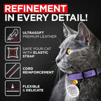 Leather Cat Collar with Bell and Safety Elastic Strap Breakaway Alternative for Small & Large Kittens, Stylish Pet Leather Collar for Boy, Girl Cats with Metal Buckle & QR ID Tag (Purple)