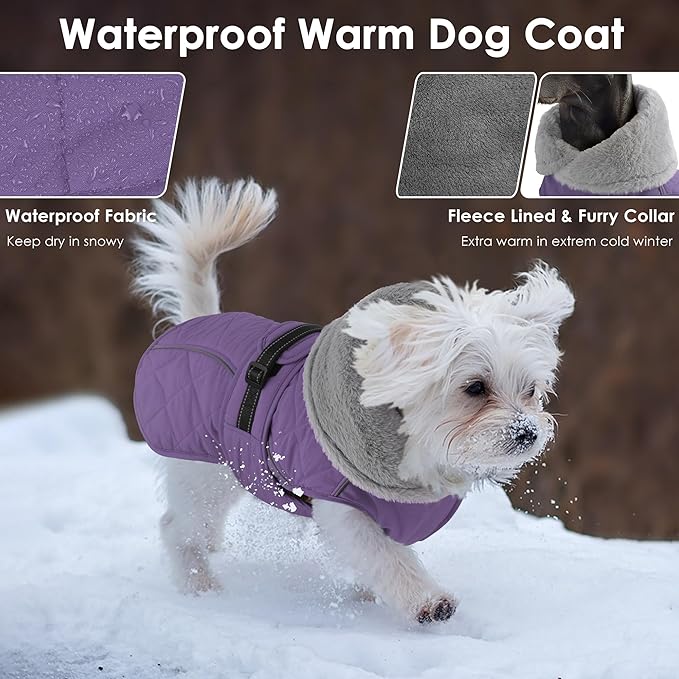 Dog Coat, Waterproof Dog Winter Jacket with Adjustable Buckle, Reflective Turtleneck Pet Snow Vest Warm Fleece Sweater for Small Medium Large Dogs - Purple, M