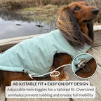 DJANGO Puffer Dog Coat – Warm Winter Dog Jacket & Water-Repellent Insulated Puffer Vest with Striped Lining, Harness Hole, Adjustable Fit for Small & Medium Dogs, Dachshunds – Sea Foam Green, Large
