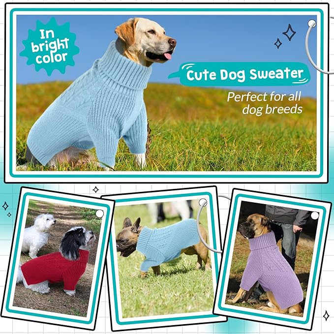 Queenmore Puppy Dog Sweeters - Long Sleeves Turtleneck Winter/Fall Sweater for Medium, Large Dogs; Solid Blue Knit; Christmas Theme; For Dog Girls & Boys