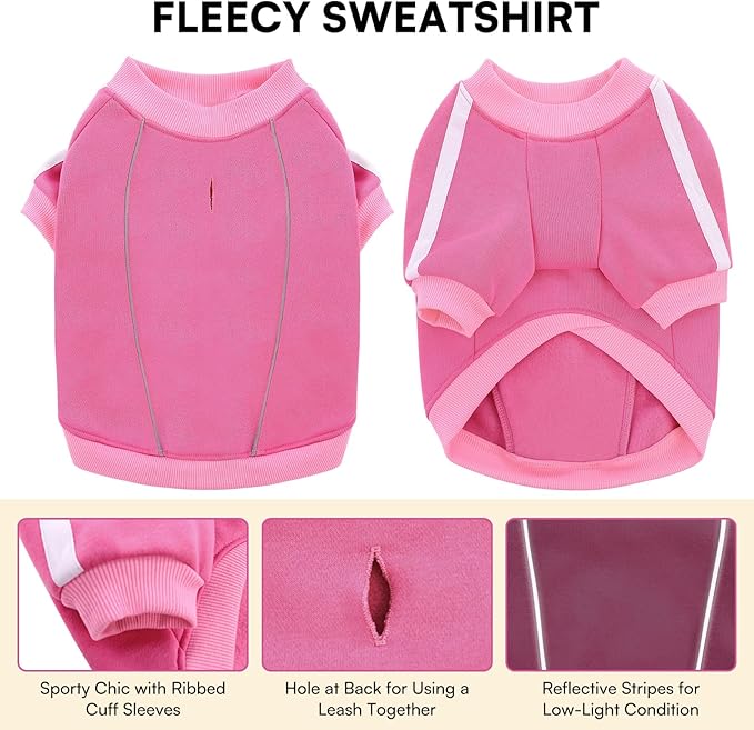 Queenmore Fleece Dog Sweater for Girl Dogs, Pullover Pink Dog Sweatshirt Sweatshirt with Leash Hole, Reflective Stripes – Cozy Winter Fleece Jacket for Small/Medium/Large Femal Puppy S