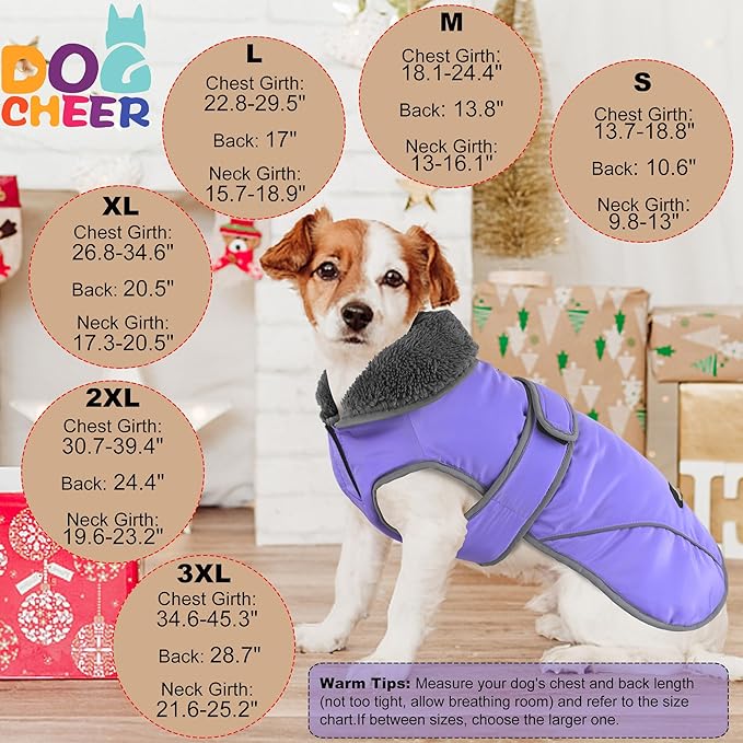 Dogcheer Dog Coat, Waterproof Dog Jacket Reflective Pet Winter Coat with Adjustable Hook & Loop, Christmas Puppy Fleece Jacket Warm Turtleneck Snowsuit for Small Medium Large Dogs - Taro Purple, 2XL