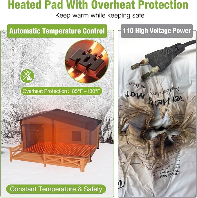 GUTINNEEN Extra Large 60" Heated Dog House Outdoor Insulated Dog Kennel with Safe Heated Pad, Chew-Proof Metal Frame and Insulated Liner for Large Dog Breeds, 60.37" L x 50.36" W x 35.43" H (Brown)