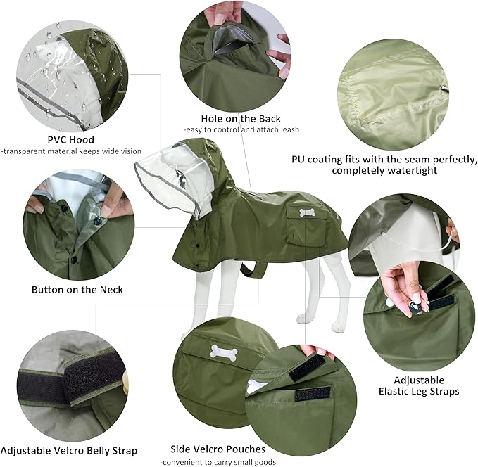 Waterproof Dog Raincoat, Adjustable Reflective Lightweight Pet Rain Clothes with Poncho Hood (Army Green, XX-Large)