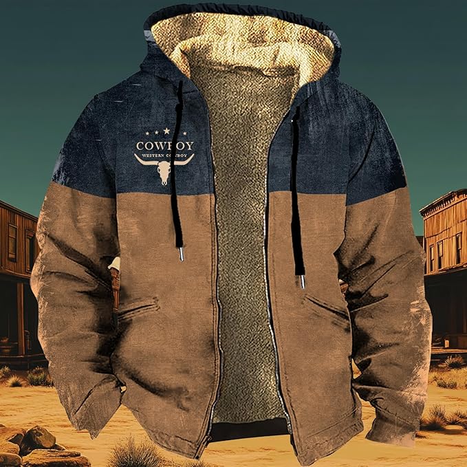 Men's Western Aztec Jackets Hooded Cowboy Hoodie Warm Full Zip Ethnic Vintage Long Sleeve Coat Fall Winter Tops