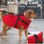 Dogcheer Dog Coat with Harness, Waterproof Warm Dog Winter Jacket with Pockets, Reflective Pet Fleece Jacket Turtleneck Snowsuit for Small Medium Large Dogs - Red, 2XL