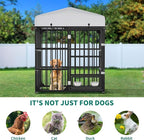 DWVO Outdoor Dog Enclosure with Rotating Feeder Bowls, 4'L x 4'W x 5'H Dog Kennel Outside with Roof, Heavy Duty Dog Cage with UV-Resistant Waterproof Cover for Small Medium Dogs