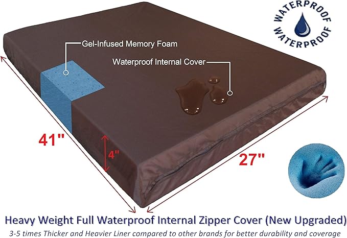 Dogbed4less Orthopedic Gel Memory Foam Pet Dog Bed, Waterproof Liner with External Microsuede Cover and Bonus Antislip Cover (Microsuede Gray, 41"X27"X4" Inches)