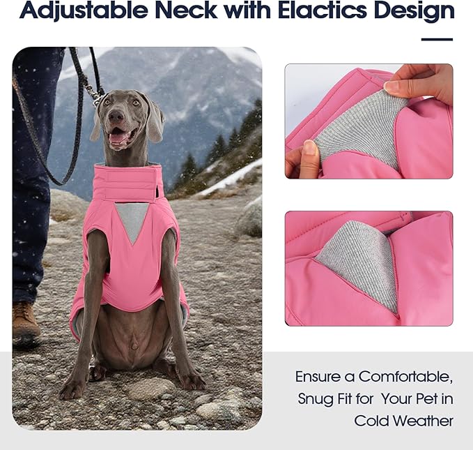 IECOii Dog Cold Weather Coats - Reflective, Adjustable & Windproof Snow Jacket for French Bulldog & Corgi, Waterproof Warm Vest with Fleece Lining for Outdoor Adventures, Pink, Size L