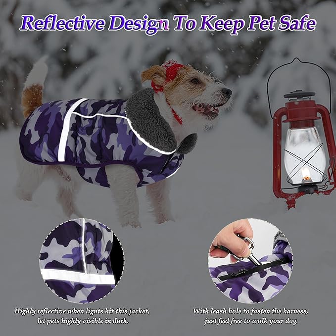 Dogcheer Warm Dog Coat, Waterproof Dog Jacket Christmas Puppy Winter Coat with Buckle, Reflective Adjustable Pet Snow Jacket Turtleneck Fleece Sweater for Small Medium Large Dogs - Camo Purple, 2XL