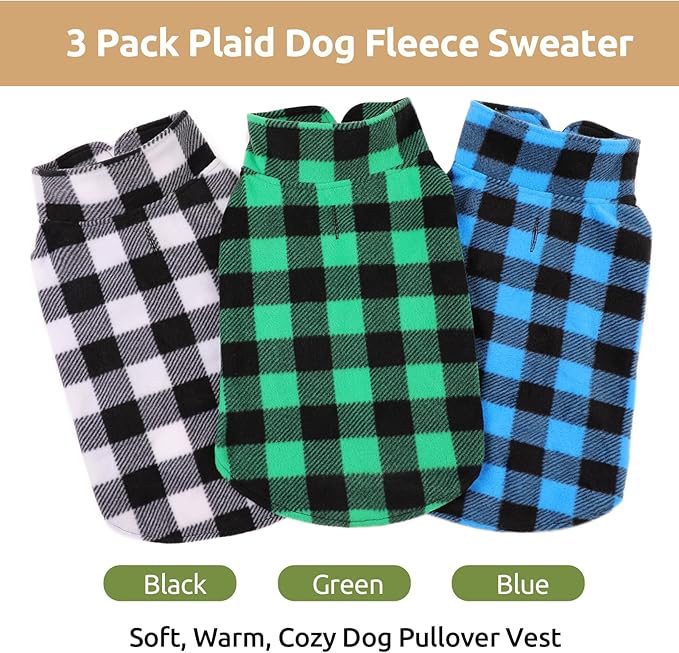 KAMA BRIDAL 3 Pack Spring Autumn Winter Coat Pullover Fleece Vest for Cats Small and Medium Dogs - Thin Sweater Blue Green Black Plaid (XXS)