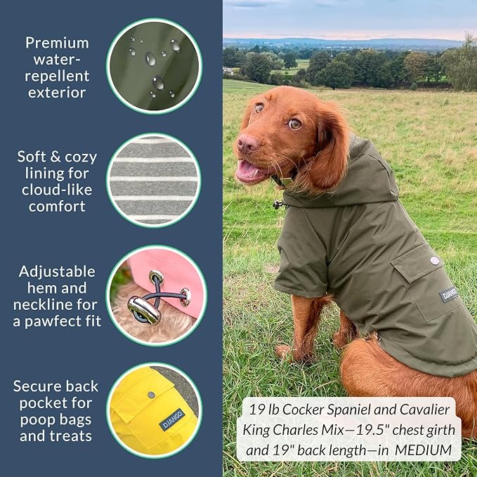 DJANGO Highland Dog Jacket & Raincoat – Water-Repellent, Lined Dog Coat with Hood, Adjustable Fit & Harness Hole – Lightweight Rain & Wind Jacket for Small & Medium Dogs up to 30 lbs (Olive, Medium)