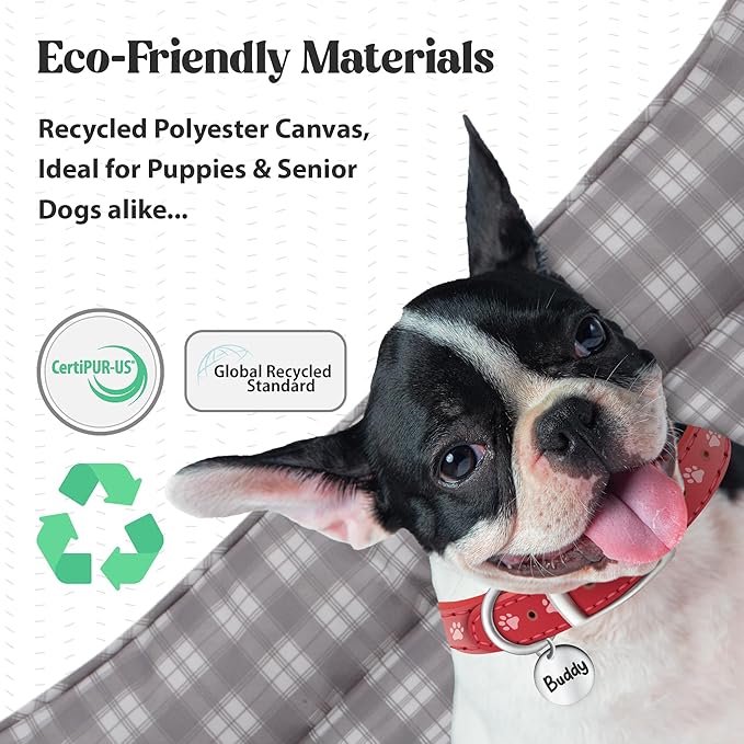 Orthopedic Bolster Dog Bed – CertiPUR-US Foam, Recycled Polyester Canvas, Washable Cover, Anti-Slip Bottom, Large, Grey Plaid – Stylish Designer Dog Sofa