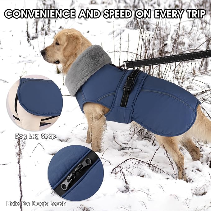 PETDSH Dog Coat Large, Windproof Dog Jacket with Warm Fleece Lining, Thickened Collar Dogs Winter Coat, Adjustable Reflective Pet Coats for Cold Weather (Navy Blue, Large)