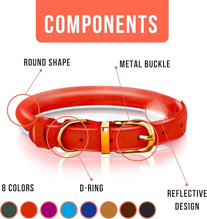 OOPSDOGGY Reflective Rolled Leather Dog Collar Adjustable Soft Padded Pet Collar for Small Medium Large Breed Dogs (Red, XS, 8"-11")