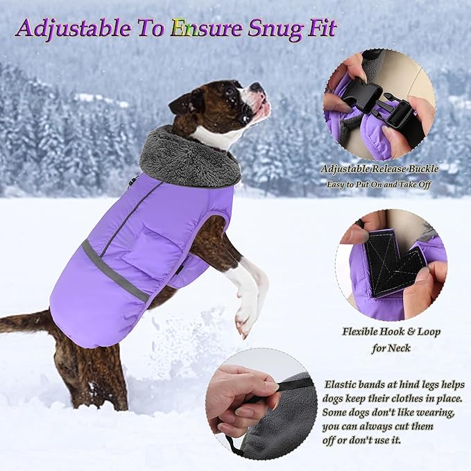 Dogcheer Warm Dog Coat, Waterproof Dog Jacket Christmas Puppy Winter Coat with Buckle, Reflective Adjustable Pet Snow Jacket Fleece Sweater for Small Medium Large Dogs - Taro Purple 2XL