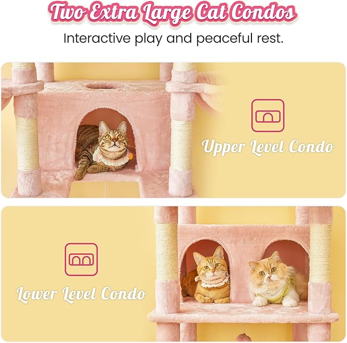 MWPO Pink Extra Large Cat Tree, 77.6-Inch Tall Cat Tower for Indoor Cats with 2 Condos, Multi-Level Cat Stand for Large Cats, 3 Hammocks, Wide Perch, Scratching Posts, Dangling Toys