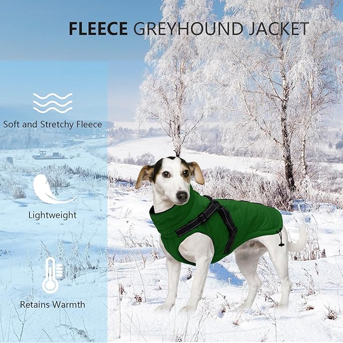 Geyecete Winter Warm Coat Waterproof Dog Jacket with Harness Traction Belt, Pet Outdoor Jacket - Green, XL