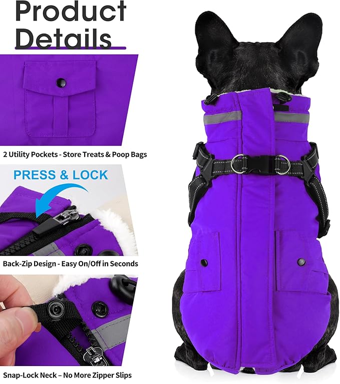Dogcheer Dog Coat with Harness, Waterproof Warm Dog Winter Jacket with Pockets, Reflective Pet Fleece Jacket Turtleneck Snowsuit for Small Medium Large Dogs - Purple, 2XL