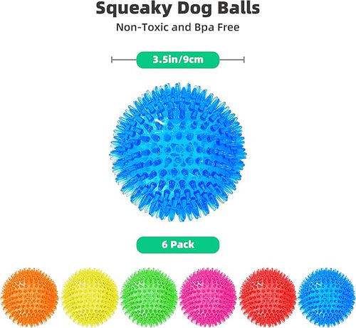 6 Pack 3.5” Squeaky Dog Balls for Large and Medium Dogs, Spiky Balls for Teething Puppies