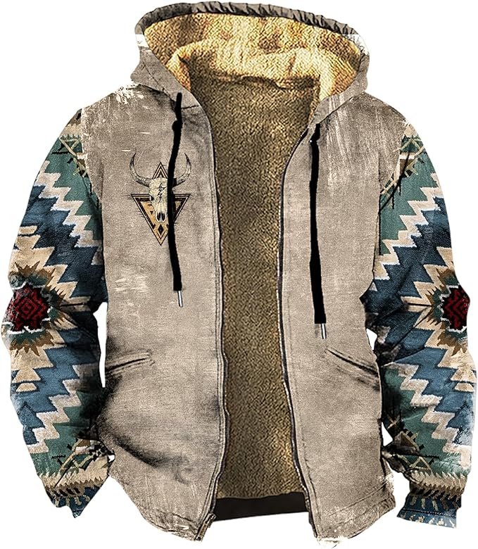 Men's Zip Up Jackets Western Style Ethnic Hoodie Hooded Vintage Long Sleeve Warm Coat Winter Outfits