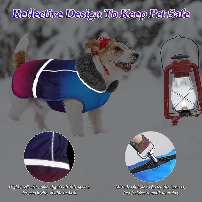 Dogcheer Warm Dog Coat, Waterproof Dog Winter Jacket Christmas Puppy Cold Weather Coats with Buckle, Reflective Adjustable Pet Snow Jacket for Small Medium Large Dogs - Gradient Blue-red, XL