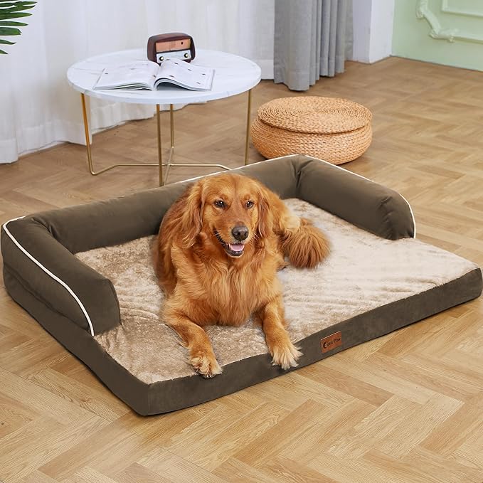 Orthopedic Dog Beds for Large Sized Dogs, Waterproof Egg Crate Foam Large Dog Couch Beds with Comfy Bolster 36x27Inch, Washable Pet Beds with Removable Cover and Nonskid Bottom, Brown