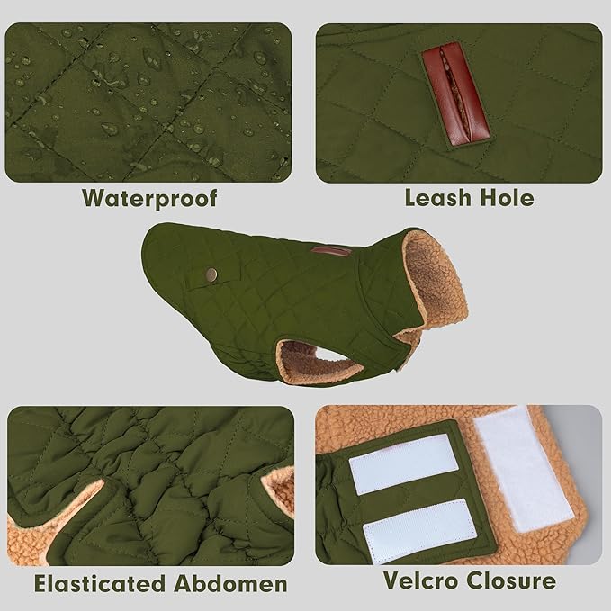 azuza Dog Jacket Waterproof & Windproof Dog Coat for Small Dogs with Thick Fleece, High Collar with Leash Hole, Adjustable Velcro & Elastic Belly, Army Green L