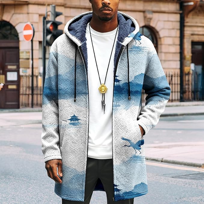 LIZALIG Long Hooded Cardigan Men Japanese Art Style Fashion Cool Graphic Coats Winter Warm Lined Fleece Jacket