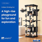 MWPO Extra Large Cat Tree, 77.6-Inch Tall Cat Tower for Indoor Cats with 2 Condos, Multi-Level Cat Stand for Large Cats, 3 Hammocks, Wide Perch, Scratching Posts, Dangling Toys, Smoky Grey
