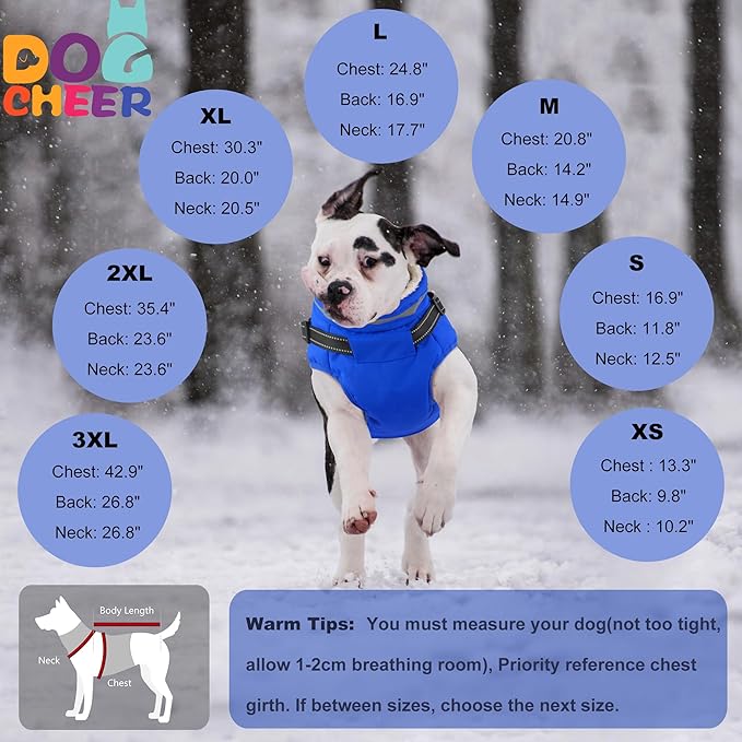 Dogcheer Dog Coat with Harness, Waterproof Warm Dog Winter Jacket with Pockets, Reflective Pet Fleece Jacket Turtleneck Snowsuit for Small Medium Large Dogs - Blue, L