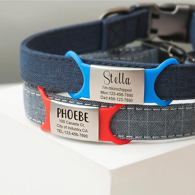 Anavia Slide On Silent Pet ID Tags, S/M/L/XL Personalized Multi-Color Silicone Band Cat Dog Name Tags, Customized Engraved Stainless Steel, Chew-Proof Quiet Dog Collar Tags (Large, Blue)