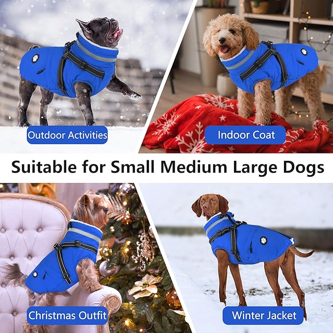 Dogcheer Dog Coat, Waterproof Dog Winter Jacket with Harness, Reflective Adjustable Doggy Cold Weather Coats, Christmas Pet Fleece Snowsuit for Small Medium Large Dogs - Blue, 2XL