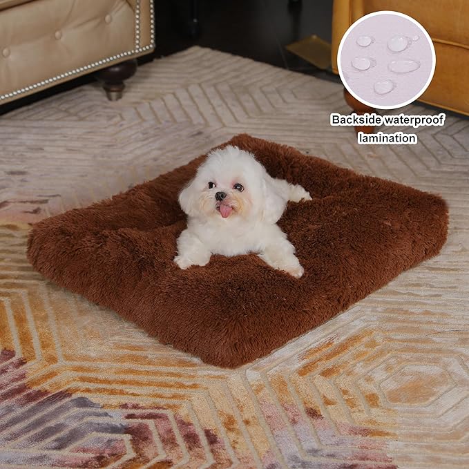 Bedfolks Waterproof Crate Bed, Plush Pad With Removable Cover, Faux Fur for Small Dogs and Cats, Fluffy Washable Kennel Bed 17"x12", Solid Brown